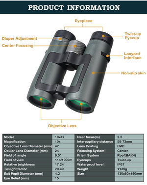 10x42 Nitrogen-filled Waterproof Binoculars with Bag