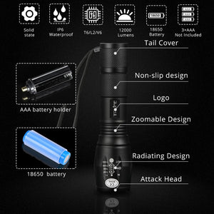 Flashlight 12W LED Waterproof Zoom 3 Modes 12000LM >500M